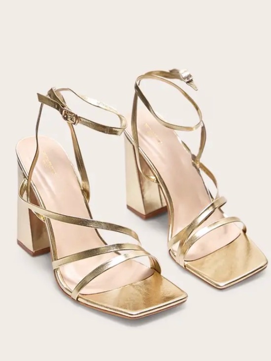 PrettyLittleThing Shoes - PTL PrettyLittleThing Wide Fit GOLD SQUARE TOE STRAPPY BLOCK HEEL Sandals Size 7